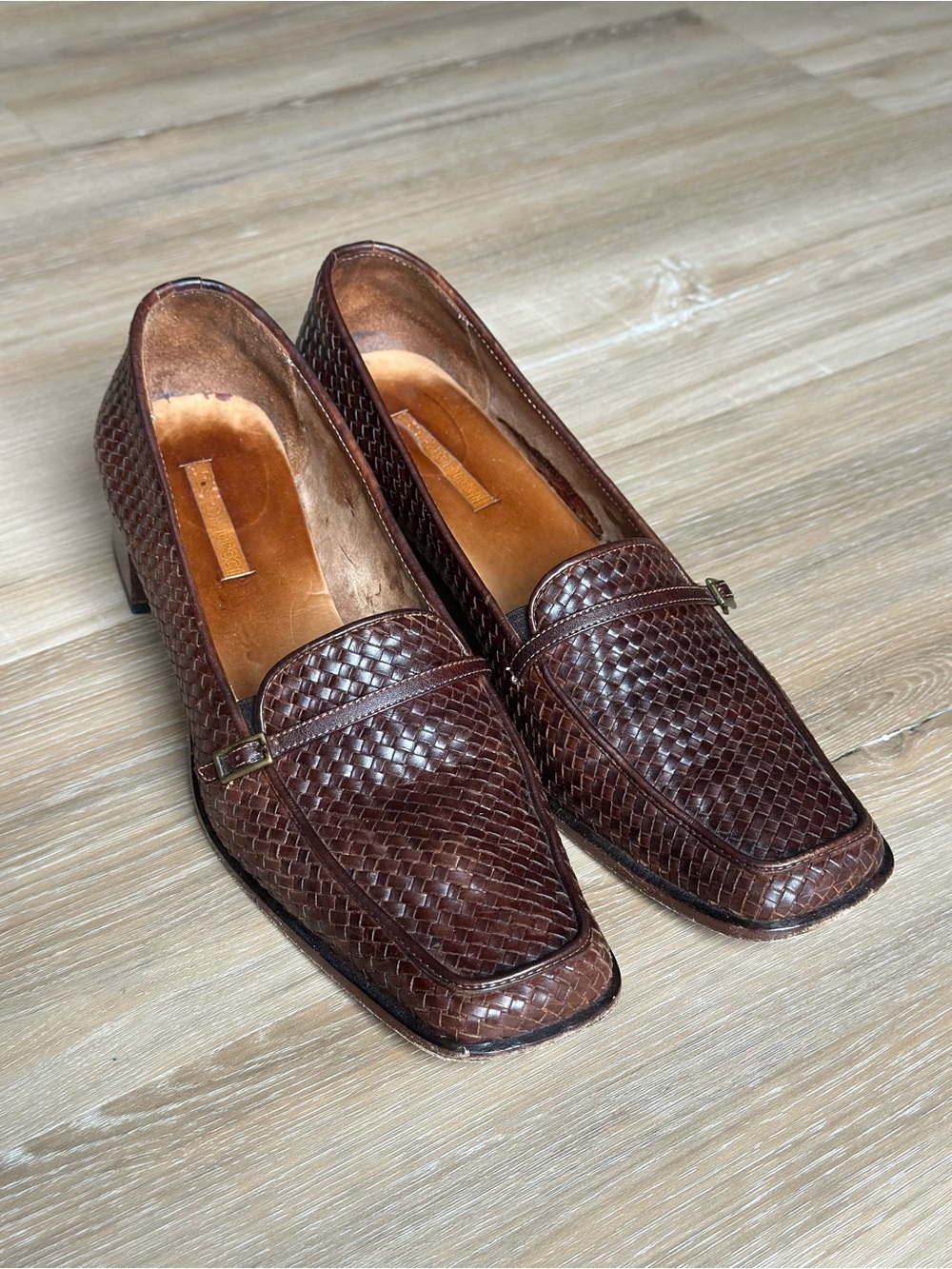 Sesto Meucci Hand Woven Leather Pumps Brown Italian Loafers 90s Vintage Size 10
